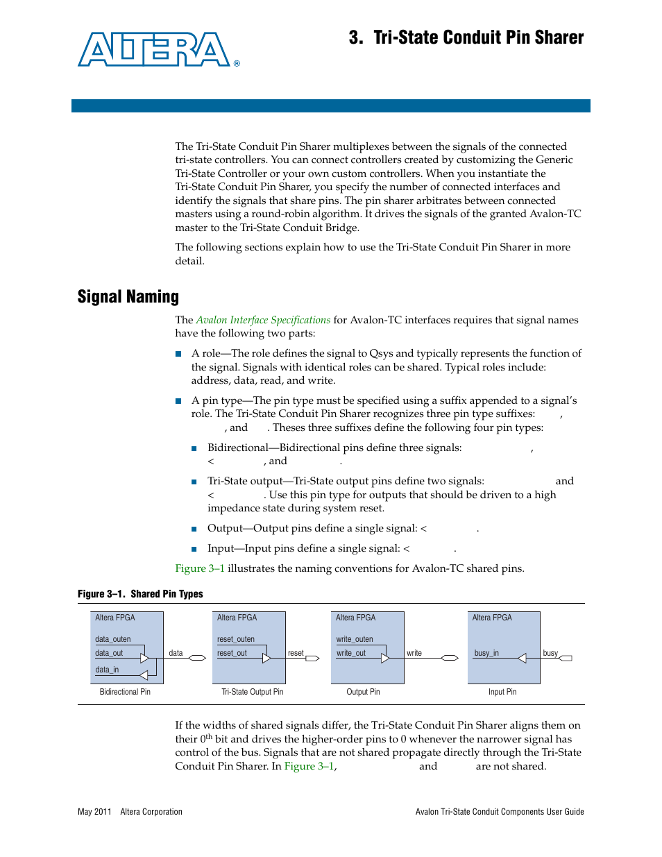 Tri-state conduit pin sharer, Signal naming, Chapter 3. tri-state conduit pin sharer | Signal naming –1 | Altera Avalon Tri-State Conduit Components User Manual | Page 13 / 18