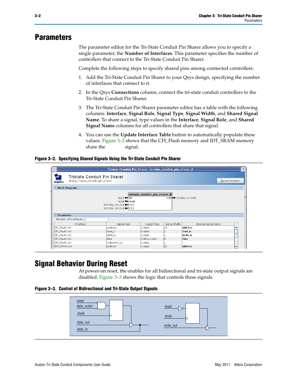 Parameters, Signal behavior during reset, Parameters –2 signal behavior during reset –2 | Altera Avalon Tri-State Conduit Components User Manual | Page 14 / 18