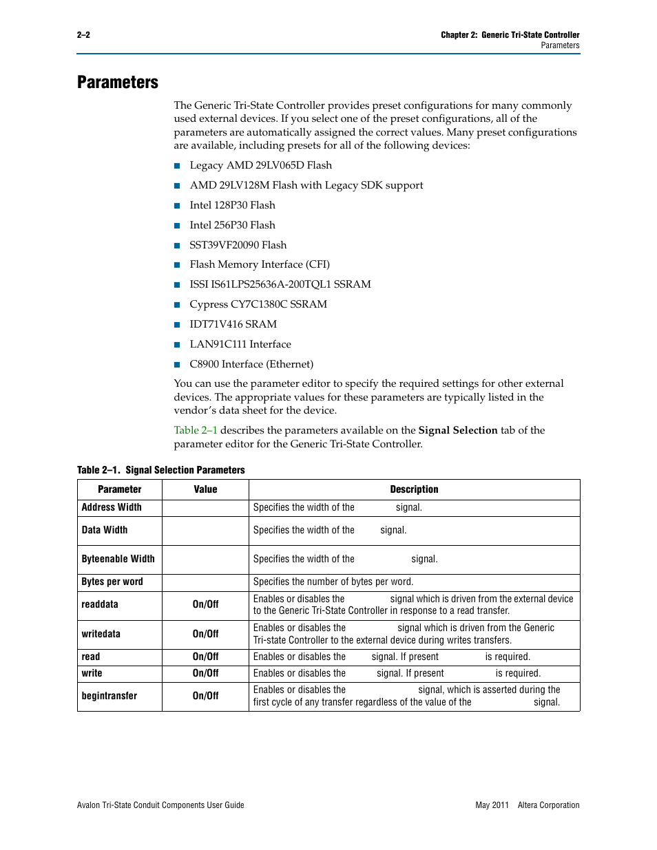 Parameters, Parameters –2 | Altera Avalon Tri-State Conduit Components User Manual | Page 8 / 18