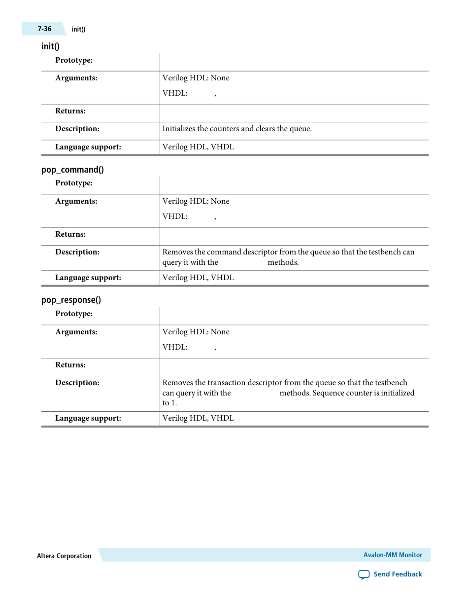 Init(), Pop_command(), Pop_response() | Altera Avalon Verification IP Suite User Manual | Page 108 / 224