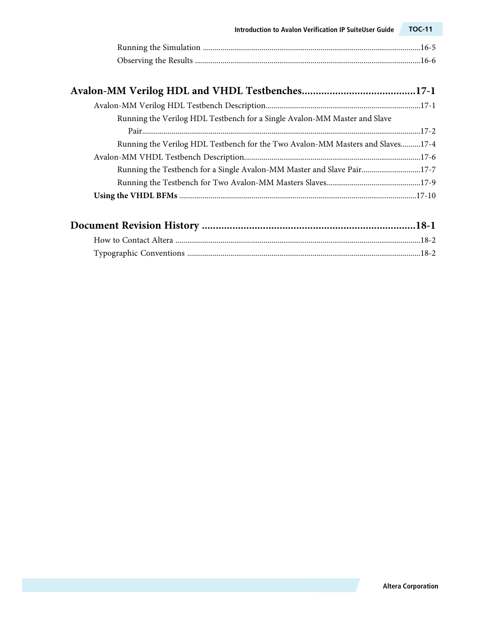 Avalon-mm verilog hdl and vhdl testbenches -1, Document revision history -1 | Altera Avalon Verification IP Suite User Manual | Page 11 / 224