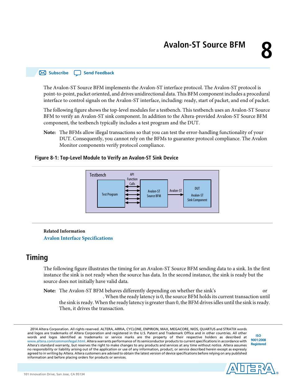 Avalon-st source bfm, Timing, Avalon-st source bfm -1 | Timing -1 | Altera Avalon Verification IP Suite User Manual | Page 113 / 224