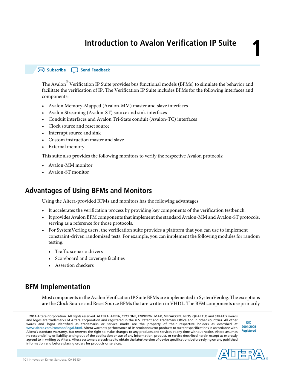 Introduction to avalon verification ip suite, Advantages of using bfms and monitors, Bfm implementation | Introduction to avalon verification ip suite -1, Advantages of using bfms and monitors -1, Bfm implementation -1 | Altera Avalon Verification IP Suite User Manual | Page 12 / 224