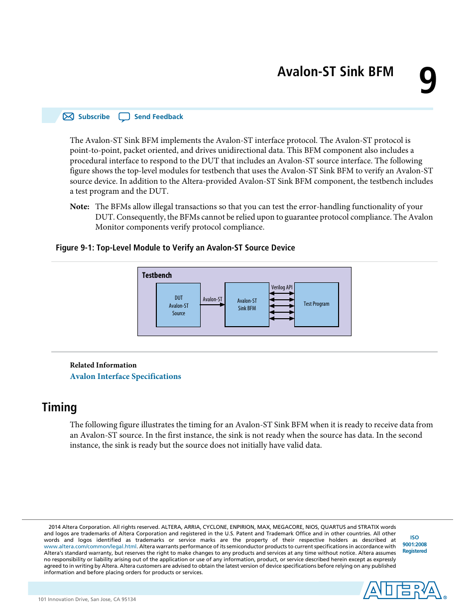 Avalon-st sink bfm, Timing, Avalon-st sink bfm -1 | Timing -1 | Altera Avalon Verification IP Suite User Manual | Page 127 / 224