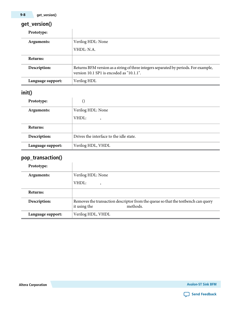 Get_version(), Init(), Pop_transaction() | Get_version() -8, Init() -8 pop_transaction() -8 | Altera Avalon Verification IP Suite User Manual | Page 134 / 224