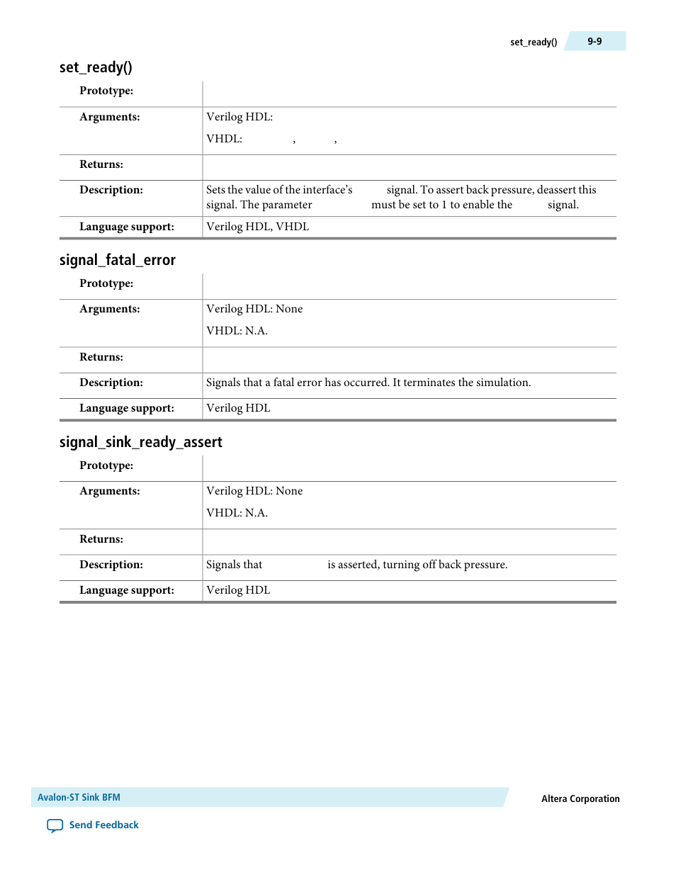 Set_ready(), Signal_fatal_error, Signal_sink_ready_assert | Set_ready() -9, Signal_fatal_error -9, Signal_sink_ready_assert -9 | Altera Avalon Verification IP Suite User Manual | Page 135 / 224