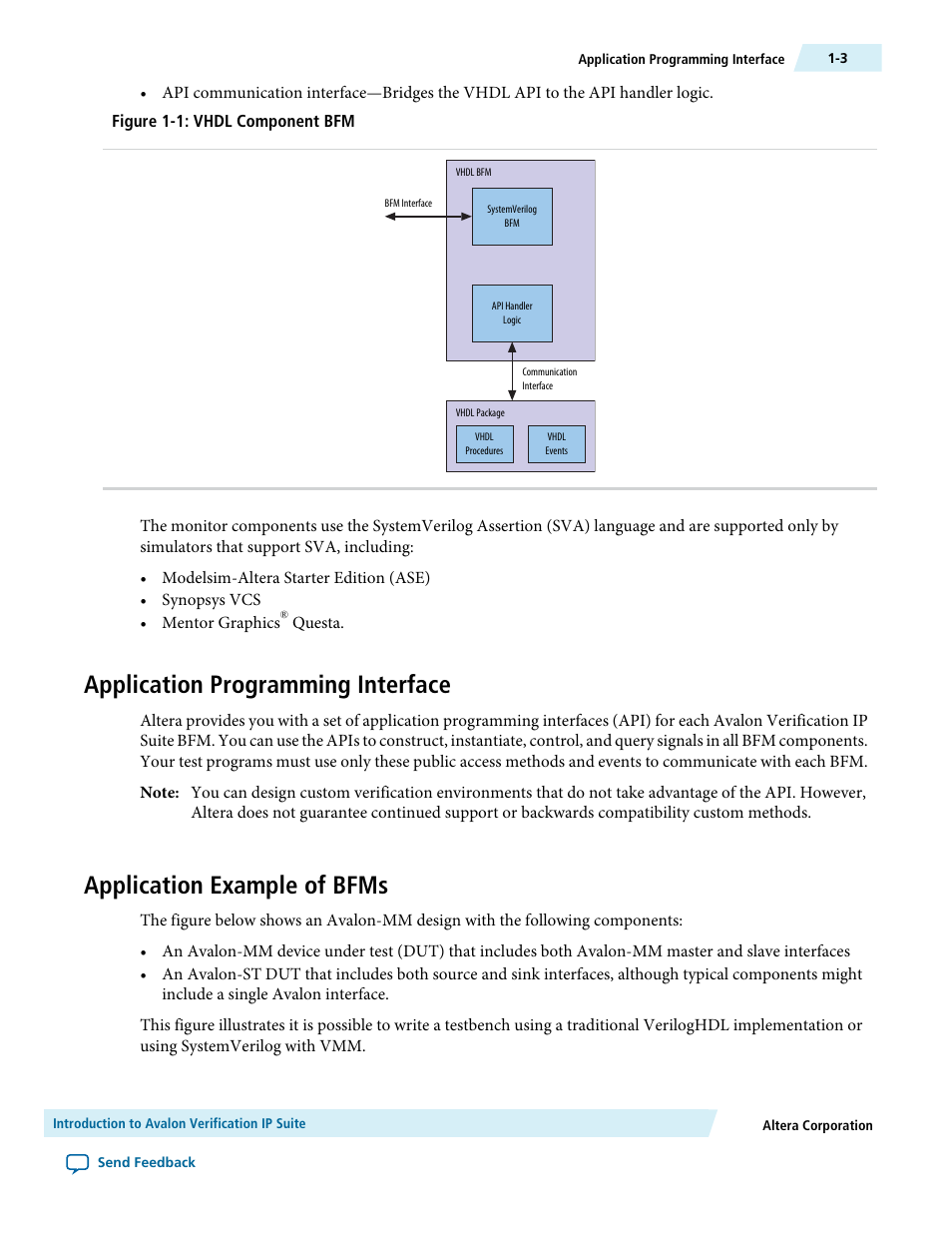 Application programming interface, Application example of bfms, Application programming interface -3 | Application example of bfms -3 | Altera Avalon Verification IP Suite User Manual | Page 14 / 224
