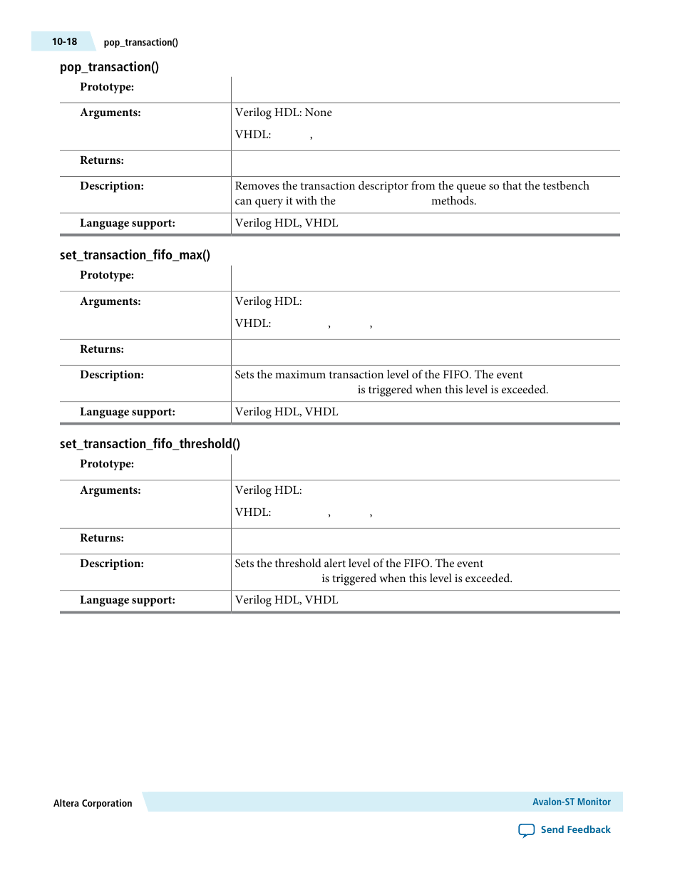 Pop_transaction(), Set_transaction_fifo_max(), Set_transaction_fifo_threshold() | Altera Avalon Verification IP Suite User Manual | Page 154 / 224