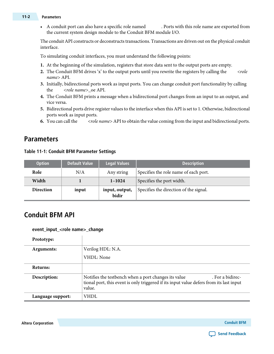 Parameters, Conduit bfm api, Parameters -2 conduit bfm api -2 | Altera Avalon Verification IP Suite User Manual | Page 157 / 224
