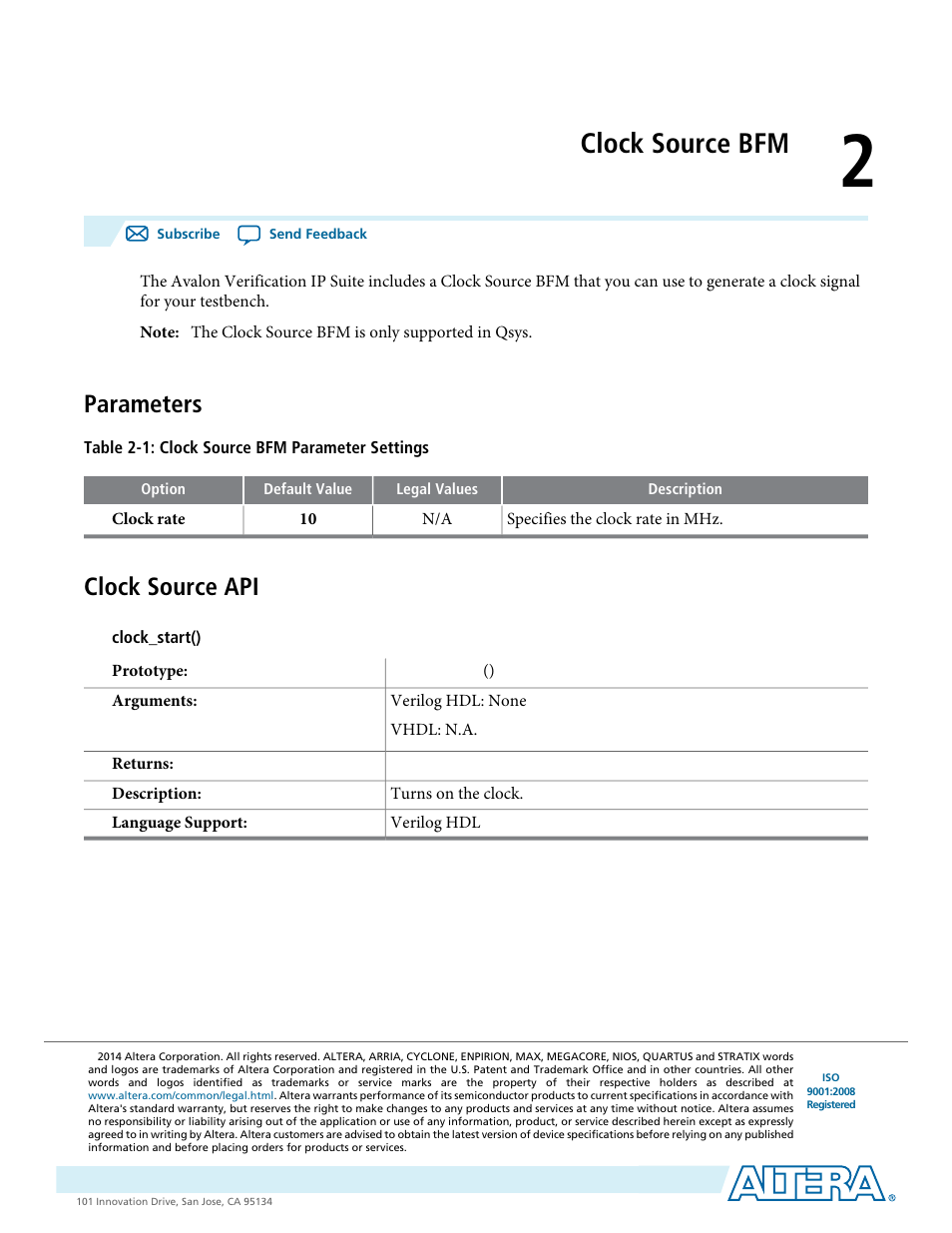 Clock source bfm, Parameters, Clock source api | Clock source bfm -1, Parameters -1, Clock source api -1 | Altera Avalon Verification IP Suite User Manual | Page 16 / 224