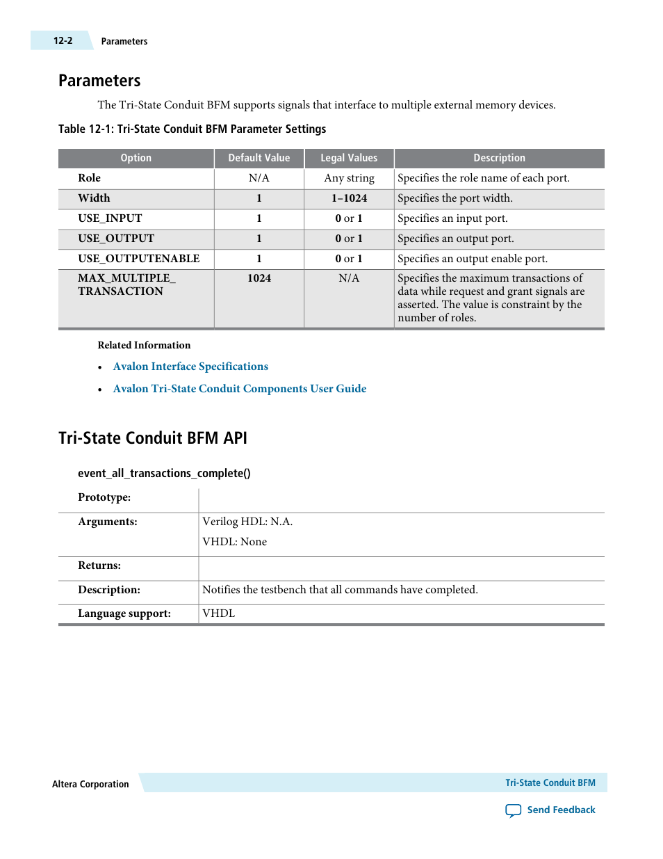 Parameters, Tri-state conduit bfm api, Parameters -2 tri-state conduit bfm api -2 | Altera Avalon Verification IP Suite User Manual | Page 161 / 224