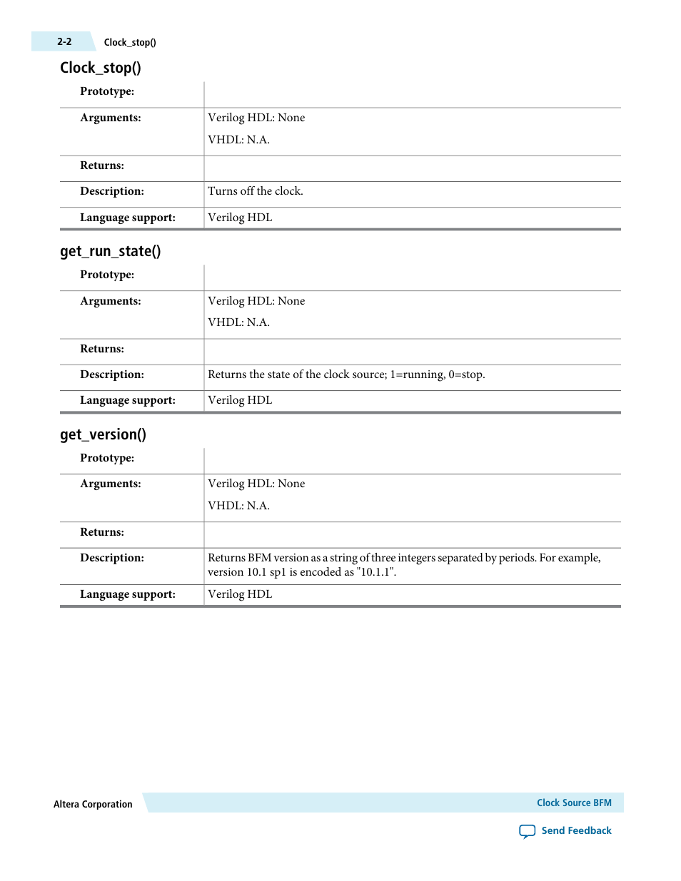 Clock_stop(), Get_run_state(), Get_version() | Clock_stop() -2, Get_run_state() -2, Get_version() -2 | Altera Avalon Verification IP Suite User Manual | Page 17 / 224