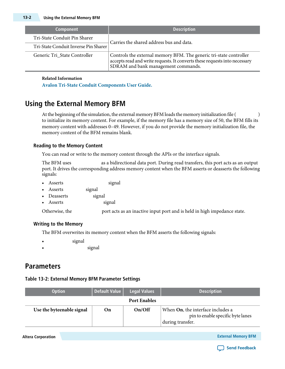 Using the external memory bfm, Parameters, Using the external memory bfm -2 parameters -2 | Altera Avalon Verification IP Suite User Manual | Page 171 / 224