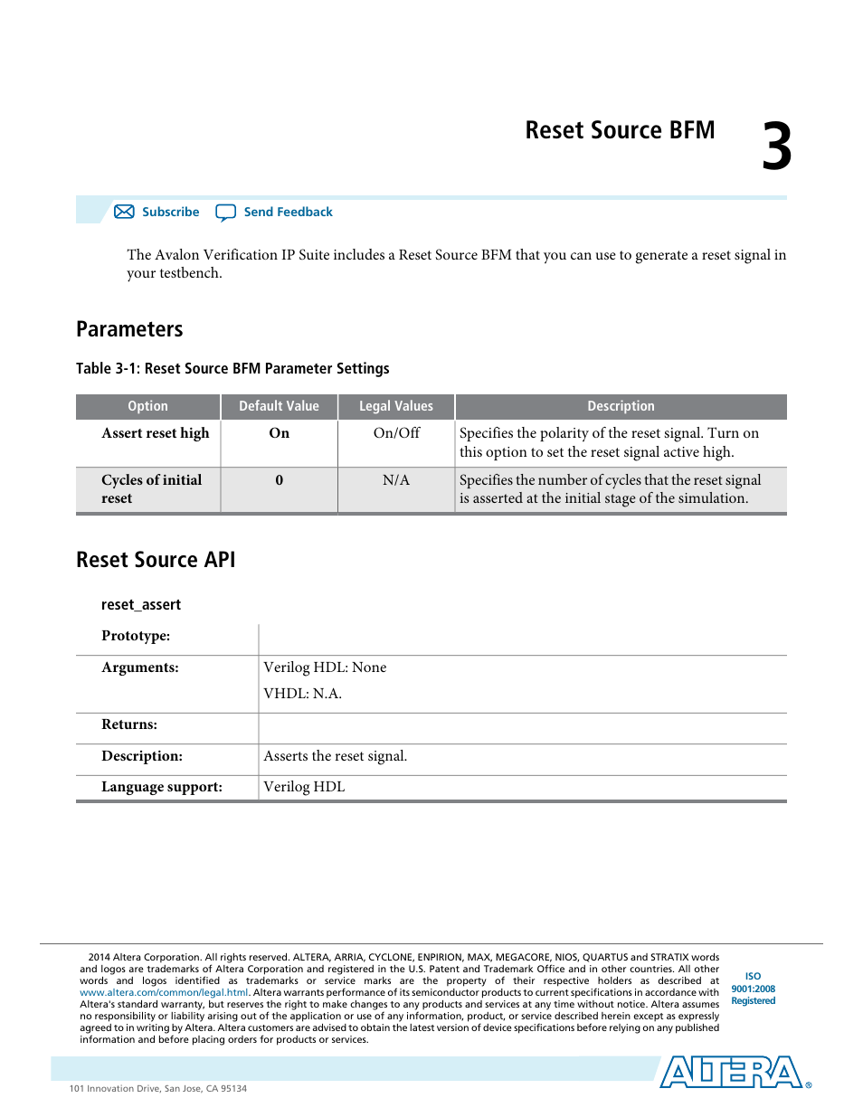 Reset source bfm, Parameters, Reset source api | Reset source bfm -1, Parameters -1 reset source api -1 | Altera Avalon Verification IP Suite User Manual | Page 18 / 224