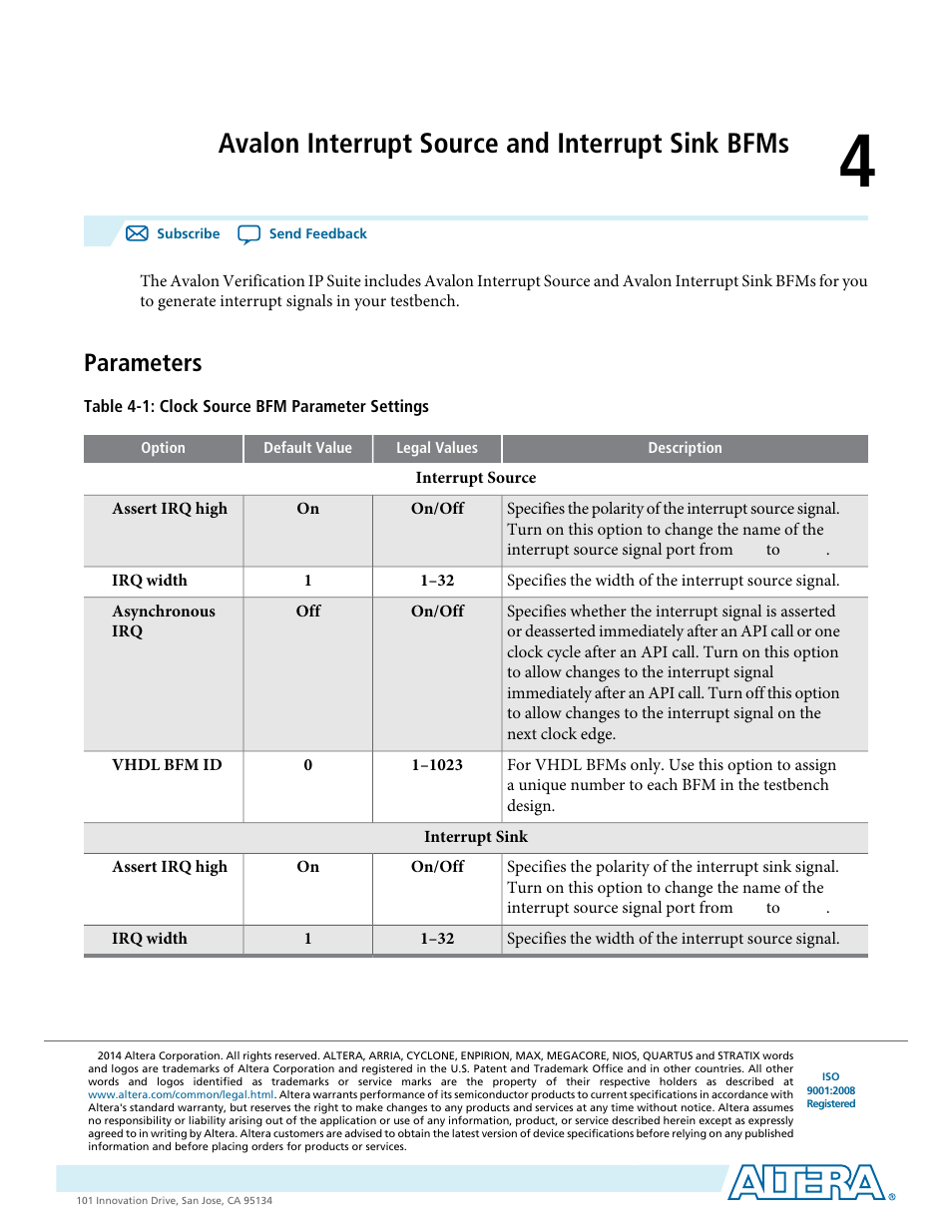 Avalon interrupt source and interrupt sink bfms, Parameters, Avalon interrupt source and interrupt sink bfms -1 | Parameters -1 | Altera Avalon Verification IP Suite User Manual | Page 20 / 224