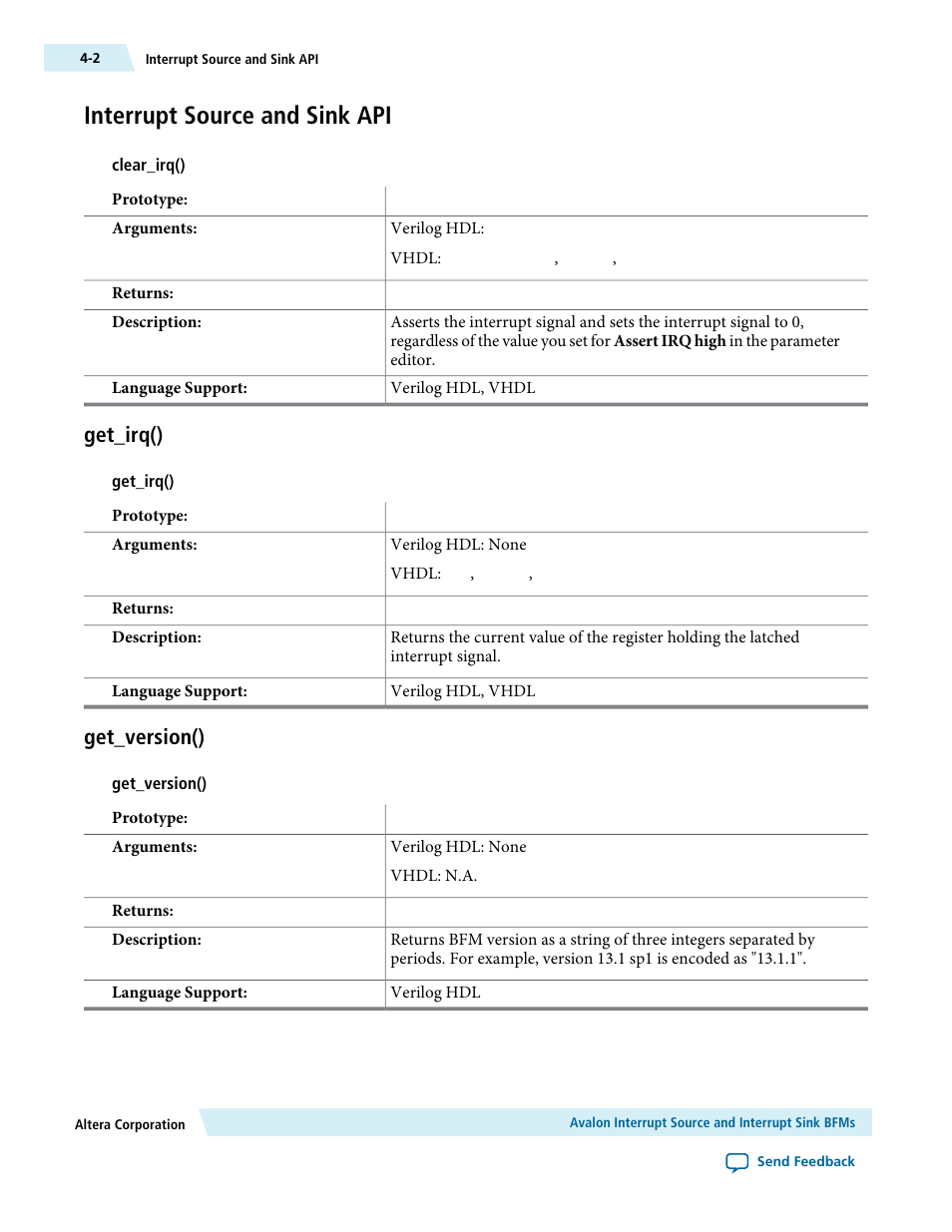 Interrupt source and sink api, Get_irq(), Get_version() | Interrupt source and sink api -2, Get_irq() -2 get_version() -2 | Altera Avalon Verification IP Suite User Manual | Page 21 / 224