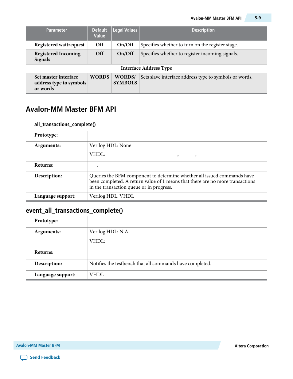 Avalon-mm master bfm api, Event_all_transactions_complete(), Avalon-mm master bfm api -9 | Event_all_transactions_complete() -9 | Altera Avalon Verification IP Suite User Manual | Page 31 / 224