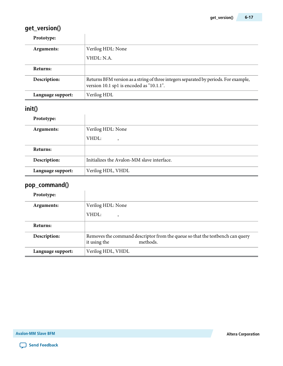 Get_version(), Init(), Pop_command() | Get_version() -17, Init() -17, Pop_command() -17 | Altera Avalon Verification IP Suite User Manual | Page 65 / 224