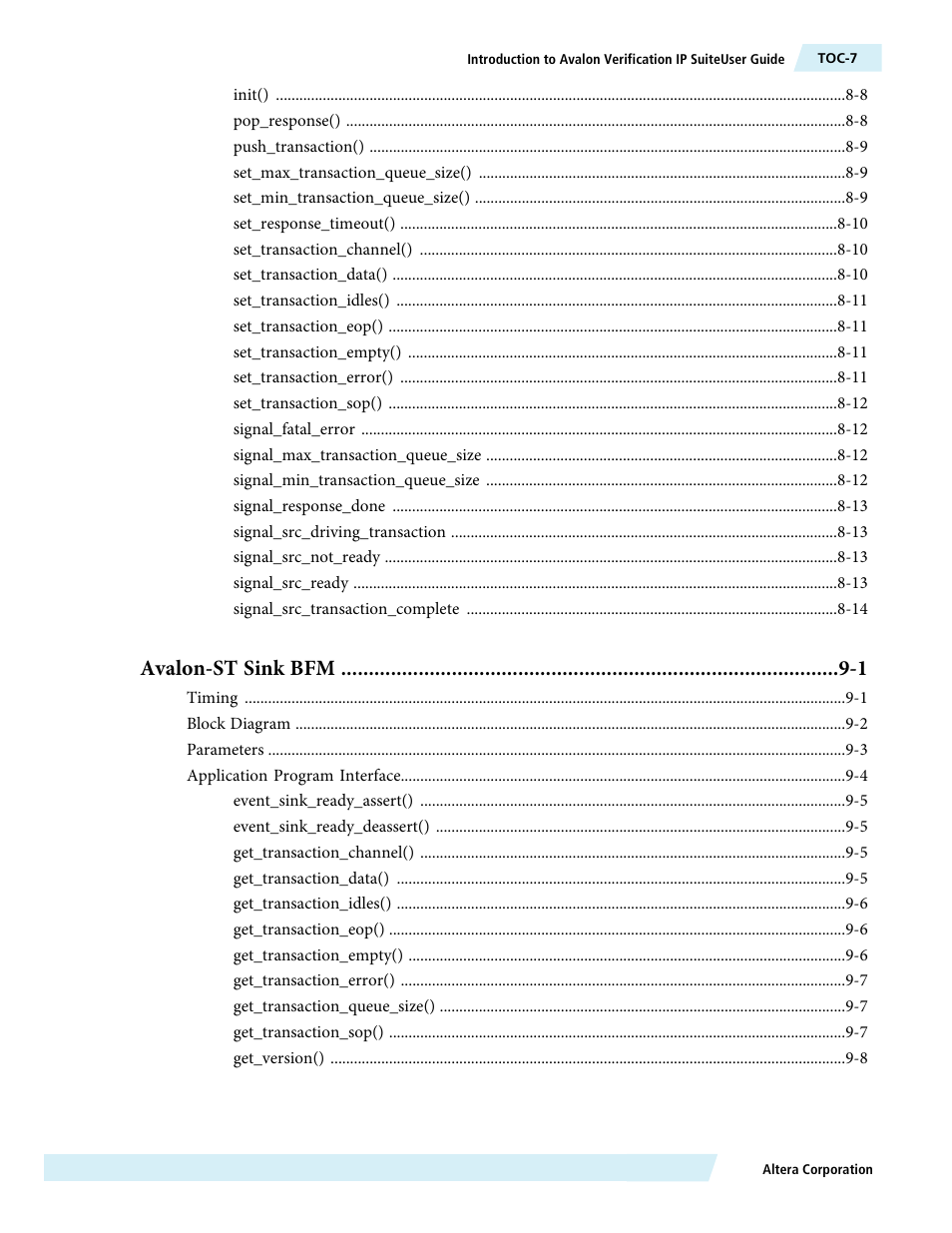 Avalon-st sink bfm -1 | Altera Avalon Verification IP Suite User Manual | Page 7 / 224
