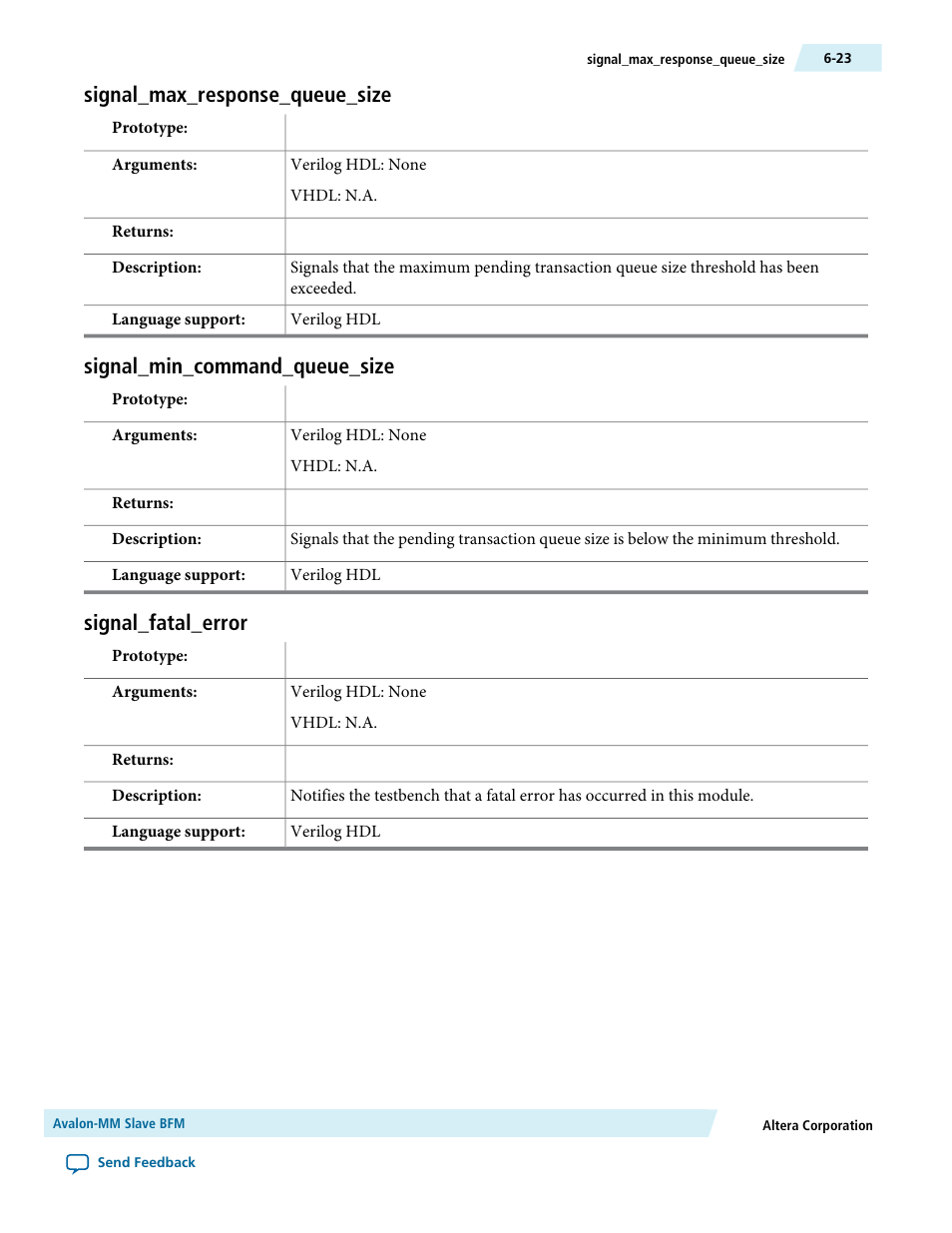 Signal_max_response_queue_size, Signal_min_command_queue_size, Signal_fatal_error | Altera Avalon Verification IP Suite User Manual | Page 71 / 224