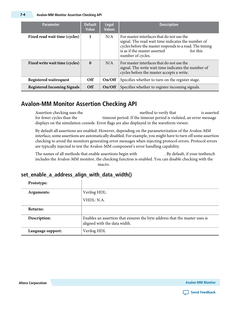 Avalon-mm monitor assertion checking api, Set_enable_a_address_align_with_data_width(), Avalon-mm monitor assertion checking api -4 | Set_enable_a_address_align_with_data_width() -4 | Altera Avalon Verification IP Suite User Manual | Page 76 / 224