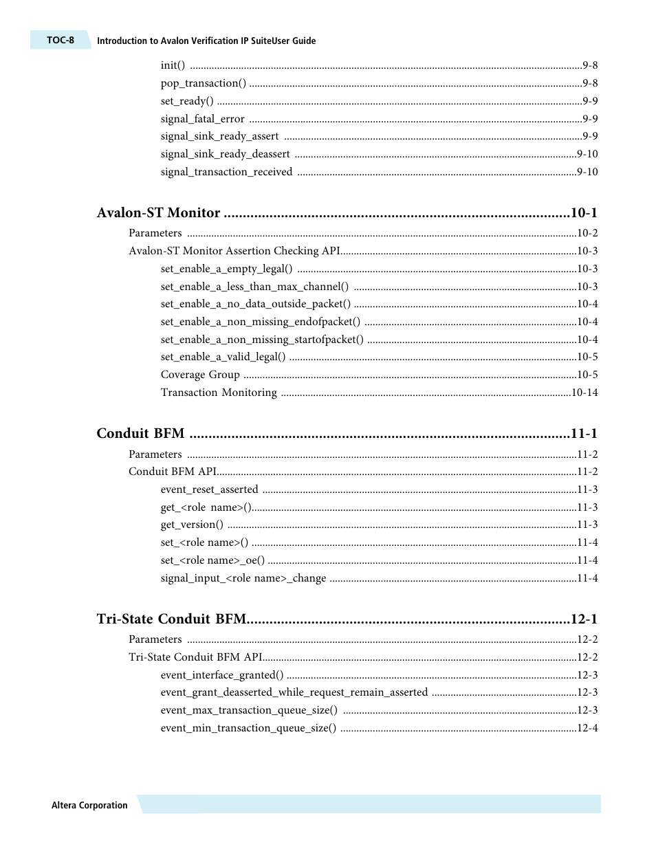 Avalon-st monitor -1, Conduit bfm -1, Tri-state conduit bfm -1 | Altera Avalon Verification IP Suite User Manual | Page 8 / 224