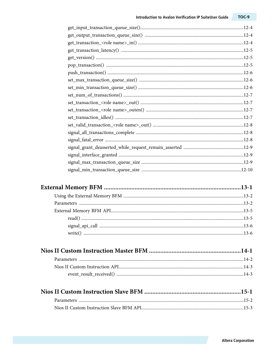 Nios ii custom instruction master bfm -1, Nios ii custom instruction slave bfm -1 | Altera Avalon Verification IP Suite User Manual | Page 9 / 224