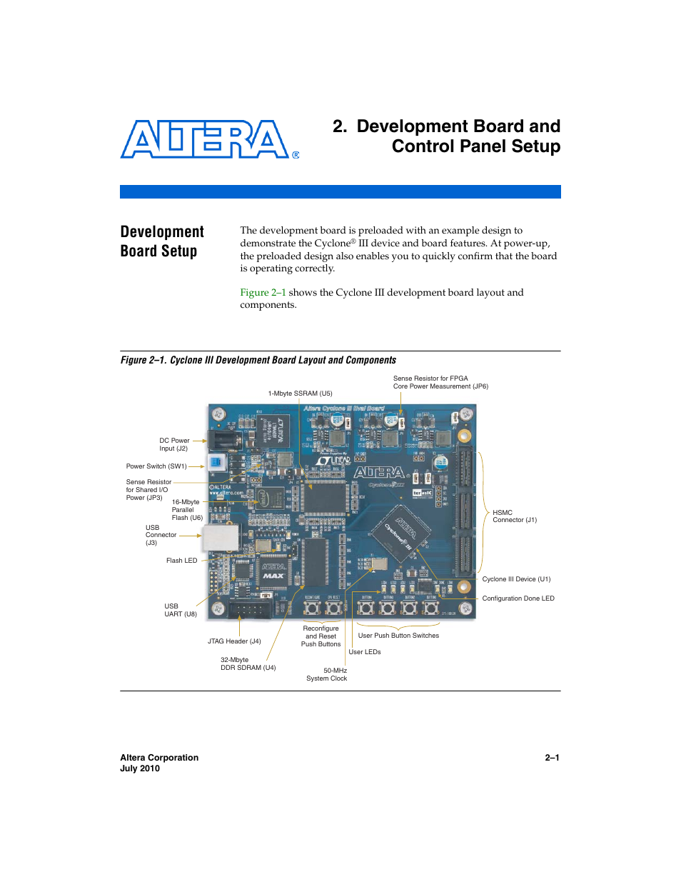 Development board and control panel setup, Development board setup, Development board setup –1 | Altera Cyclone III FPGA Starter Kit User Manual | Page 11 / 36