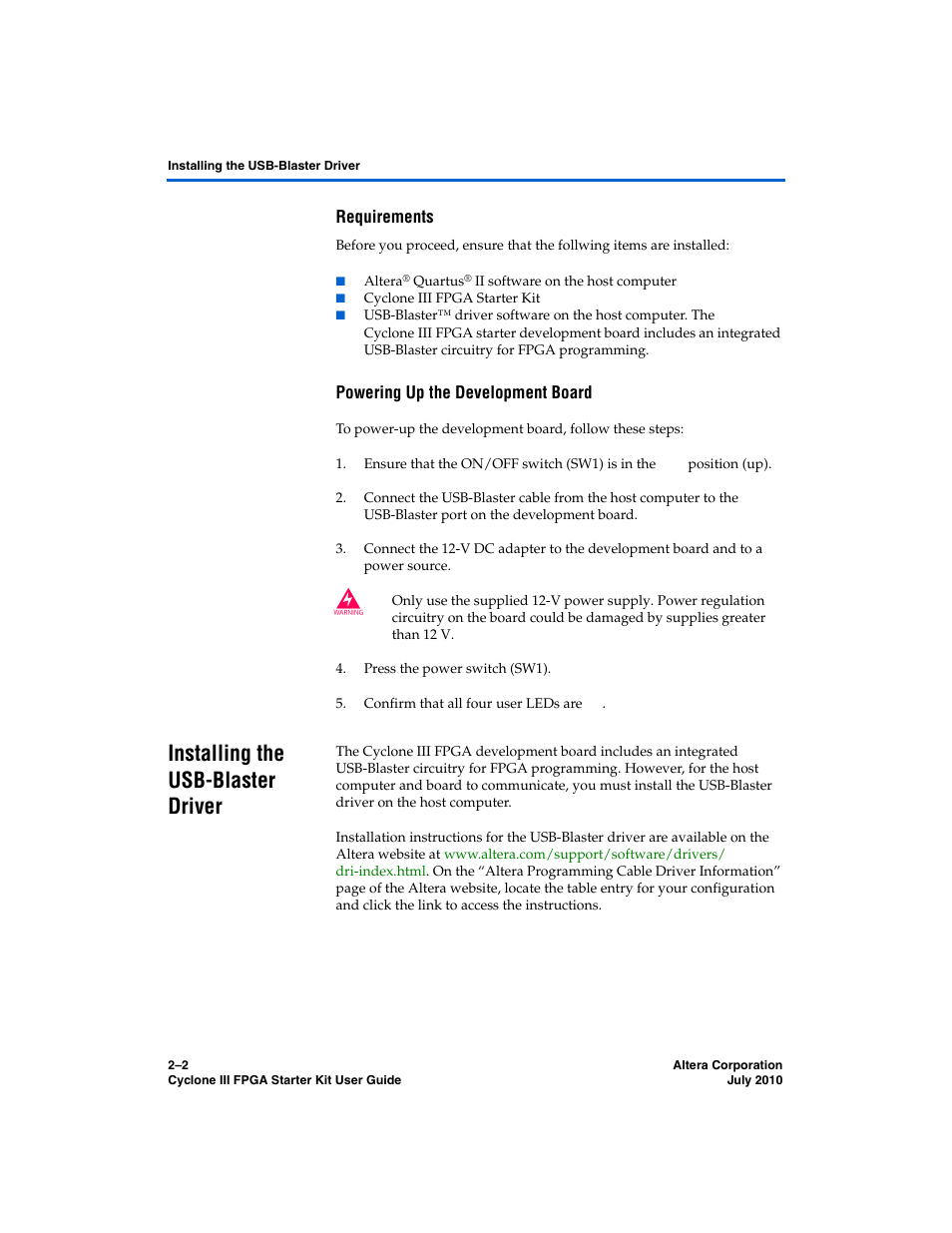 Requirements, Powering up the development board, Installing the usb-blaster driver | Installing the usb-blaster driver –2 | Altera Cyclone III FPGA Starter Kit User Manual | Page 12 / 36