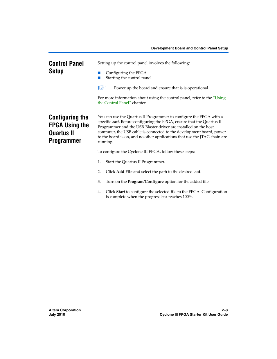 Control panel setup | Altera Cyclone III FPGA Starter Kit User Manual | Page 13 / 36