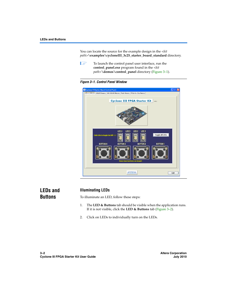 Leds and buttons, Illuminating leds, Leds and buttons –2 | Altera Cyclone III FPGA Starter Kit User Manual | Page 16 / 36