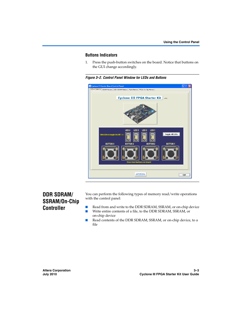 Buttons indicators, Ddr sdram/ ssram/on-chip controller, Ddr sdram/ ssram/on-chip controller –3 | Altera Cyclone III FPGA Starter Kit User Manual | Page 17 / 36