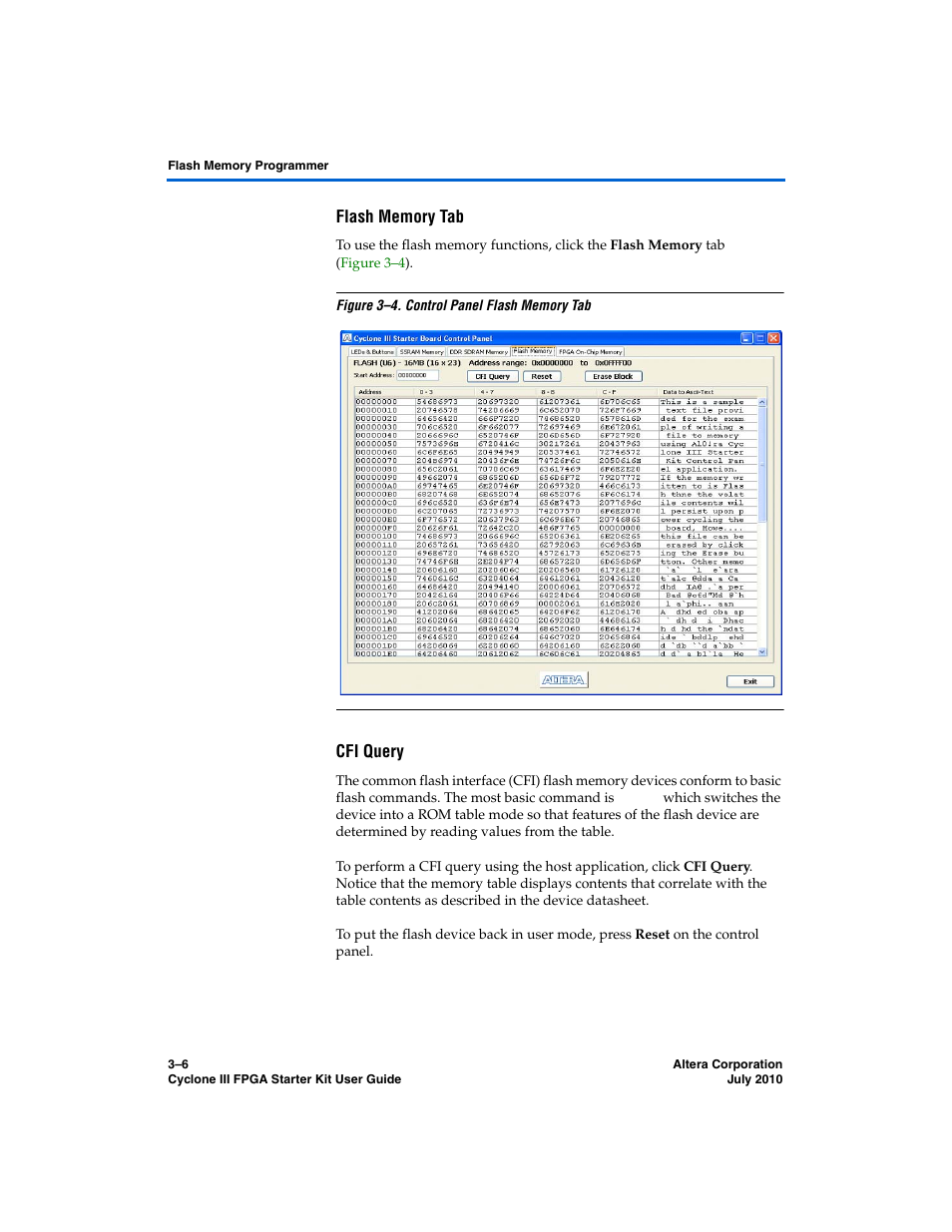 Flash memory tab, Cfi query | Altera Cyclone III FPGA Starter Kit User Manual | Page 20 / 36