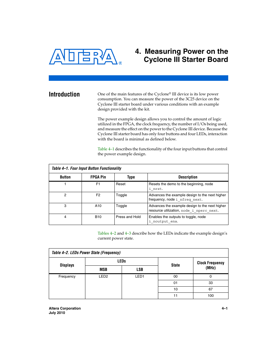 Measuring power on the cyclone iii starter board, Introduction, Introduction –1 | Altera Cyclone III FPGA Starter Kit User Manual | Page 23 / 36