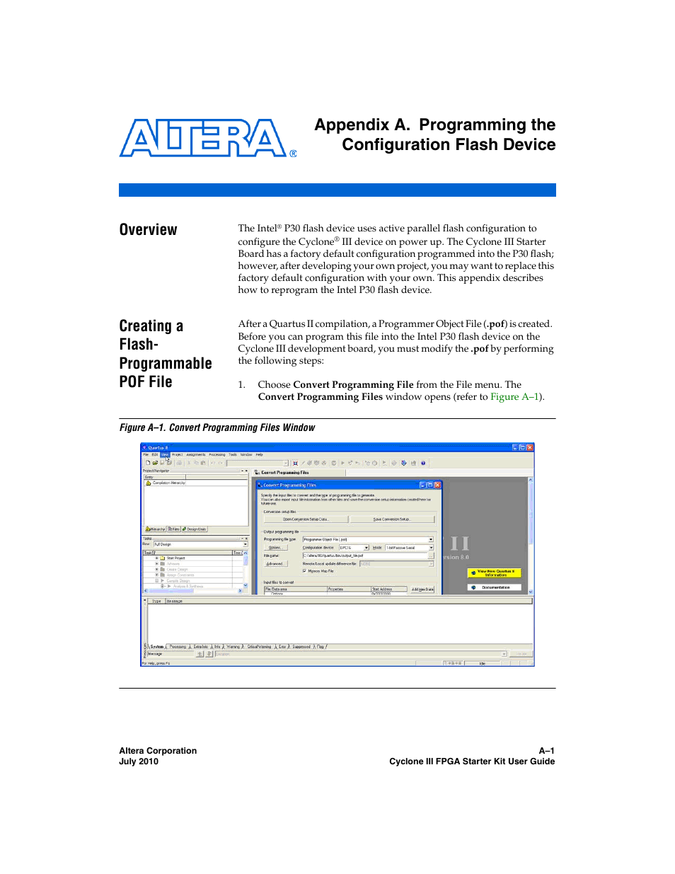 Overview, Creating a flash- programmable pof file | Altera Cyclone III FPGA Starter Kit User Manual | Page 27 / 36