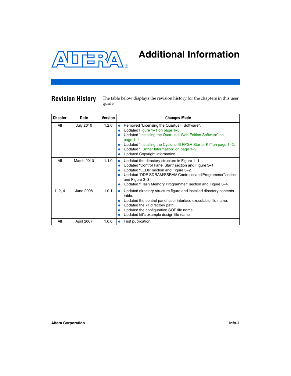Additional information, Revision history | Altera Cyclone III FPGA Starter Kit User Manual | Page 33 / 36