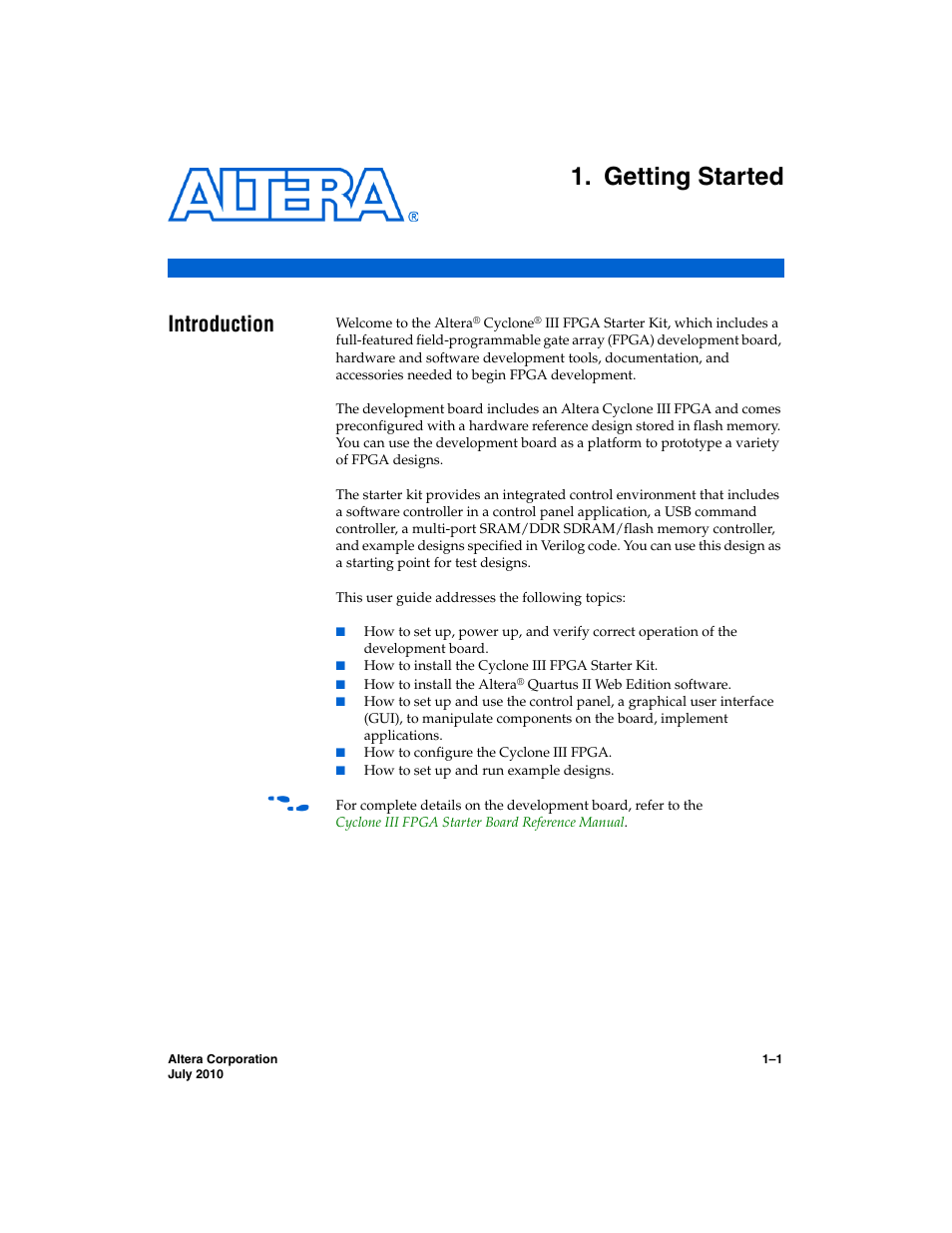 Getting started, Introduction, Chapter 1. getting started | Introduction –1 | Altera Cyclone III FPGA Starter Kit User Manual | Page 5 / 36