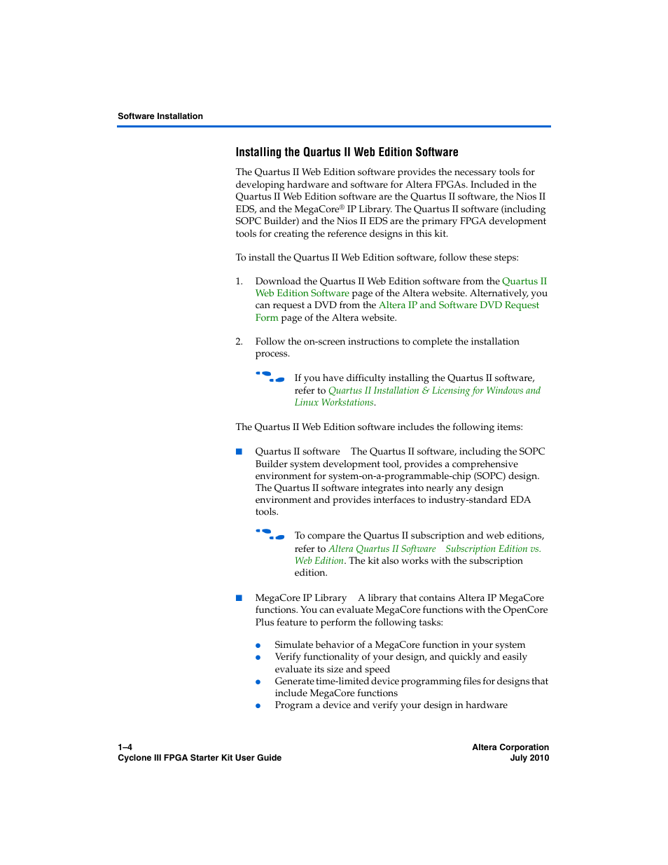 Installing the quartus ii web edition software | Altera Cyclone III FPGA Starter Kit User Manual | Page 8 / 36