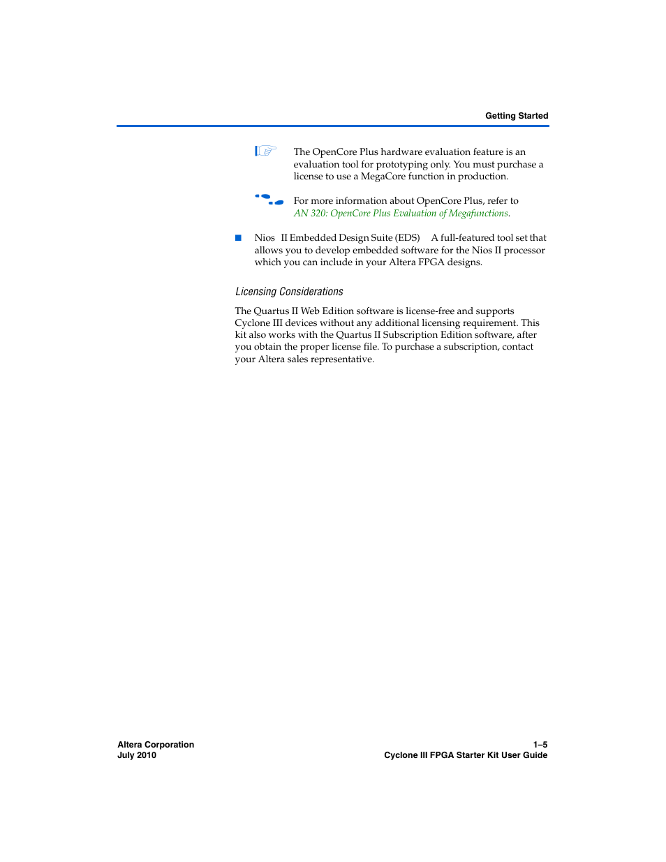 Licensing considerations | Altera Cyclone III FPGA Starter Kit User Manual | Page 9 / 36