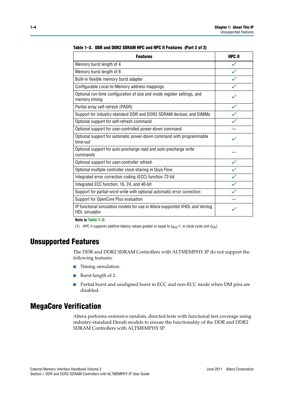 Unsupported features, Megacore verification, Unsupported features –4 megacore verification –4 | Altera DDR SDRAM High-Performance Controllers and ALTMEMPHY IP User Manual | Page 10 / 140