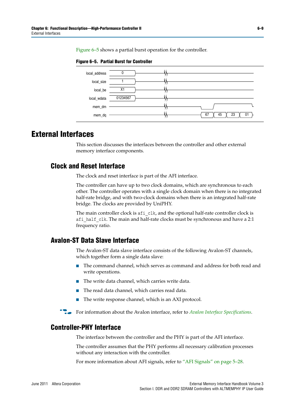 External interfaces, Clock and reset interface, Avalon-st data slave interface | Controller-phy interface, External interfaces –9 | Altera DDR SDRAM High-Performance Controllers and ALTMEMPHY IP User Manual | Page 103 / 140