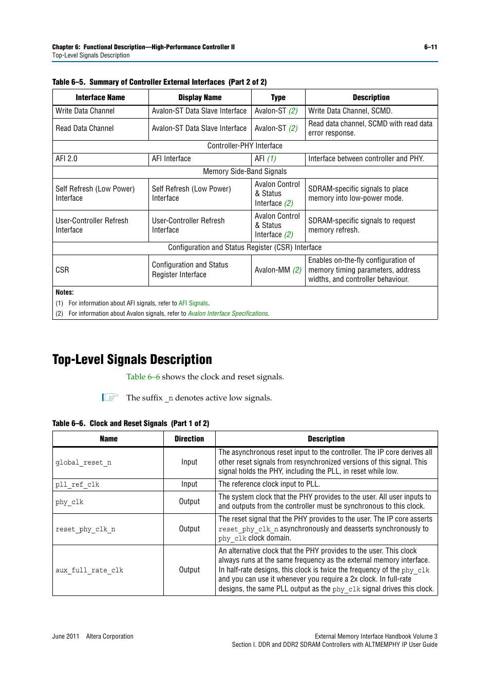Top-level signals description, Top-level signals description –11 | Altera DDR SDRAM High-Performance Controllers and ALTMEMPHY IP User Manual | Page 105 / 140