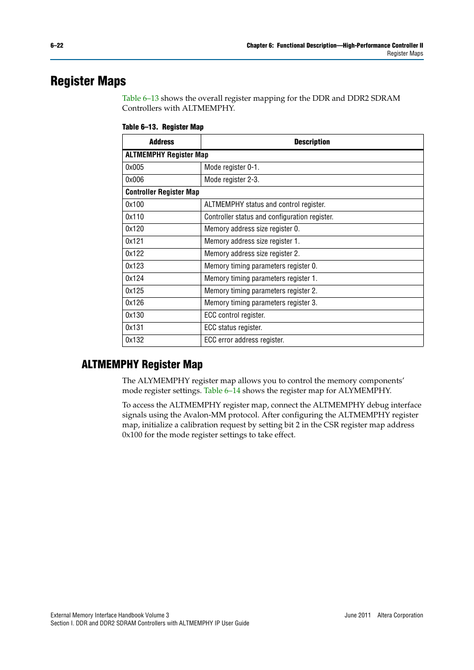 Register maps, Altmemphy register map, Register maps –22 | Altmemphy register map –22 | Altera DDR SDRAM High-Performance Controllers and ALTMEMPHY IP User Manual | Page 116 / 140