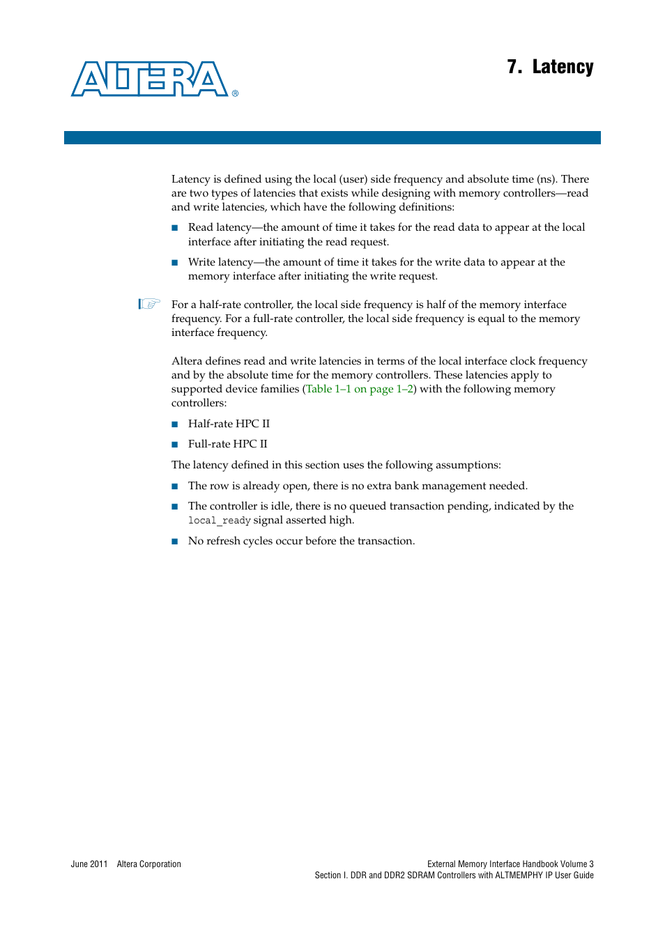 Latency, Chapter 7. latency | Altera DDR SDRAM High-Performance Controllers and ALTMEMPHY IP User Manual | Page 123 / 140