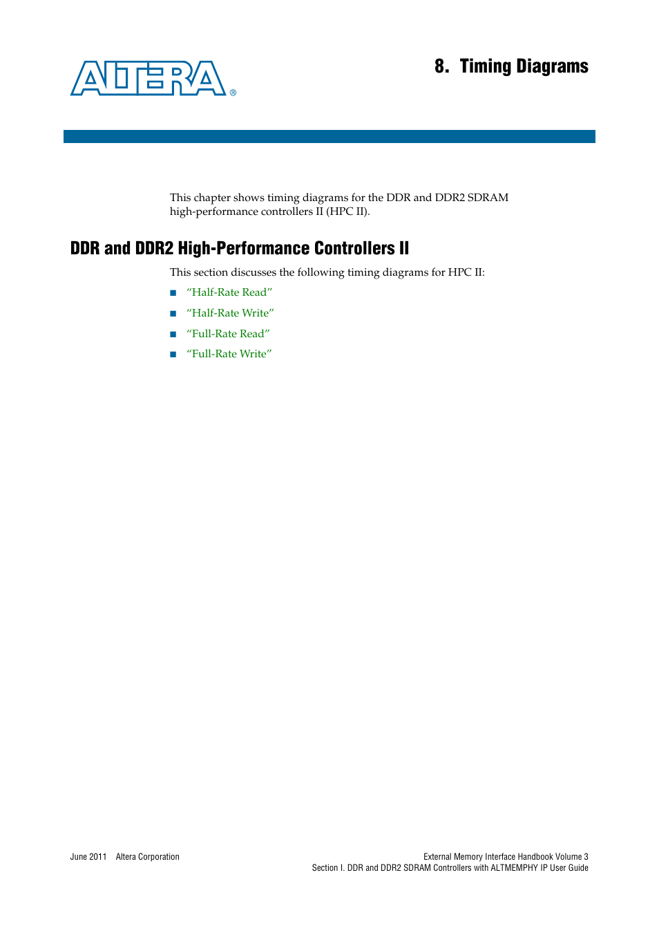 Timing diagrams, Ddr and ddr2 high-performance controllers ii, Chapter 8. timing diagrams | Ddr and ddr2 high-performance controllers ii –1 | Altera DDR SDRAM High-Performance Controllers and ALTMEMPHY IP User Manual | Page 129 / 140