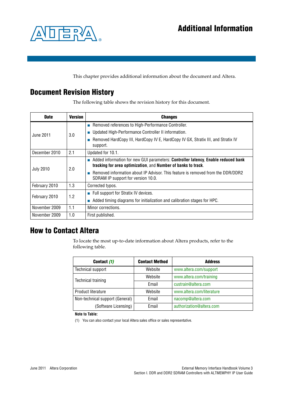 Additional information, Document revision history, How to contact altera | Altera DDR SDRAM High-Performance Controllers and ALTMEMPHY IP User Manual | Page 139 / 140