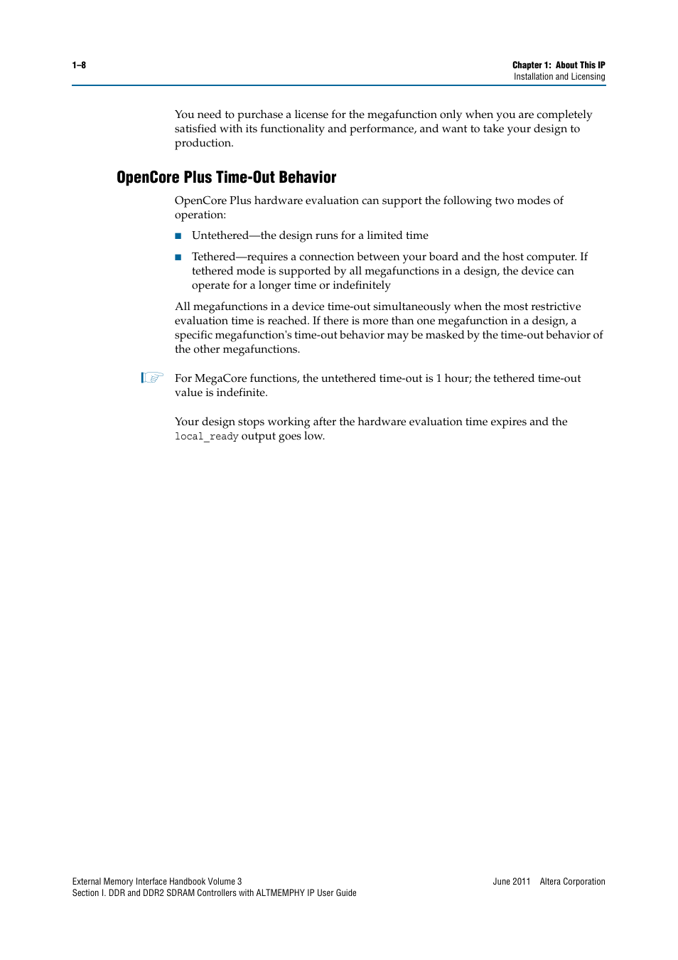 Opencore plus time-out behavior, Opencore plus time-out behavior –8 | Altera DDR SDRAM High-Performance Controllers and ALTMEMPHY IP User Manual | Page 14 / 140