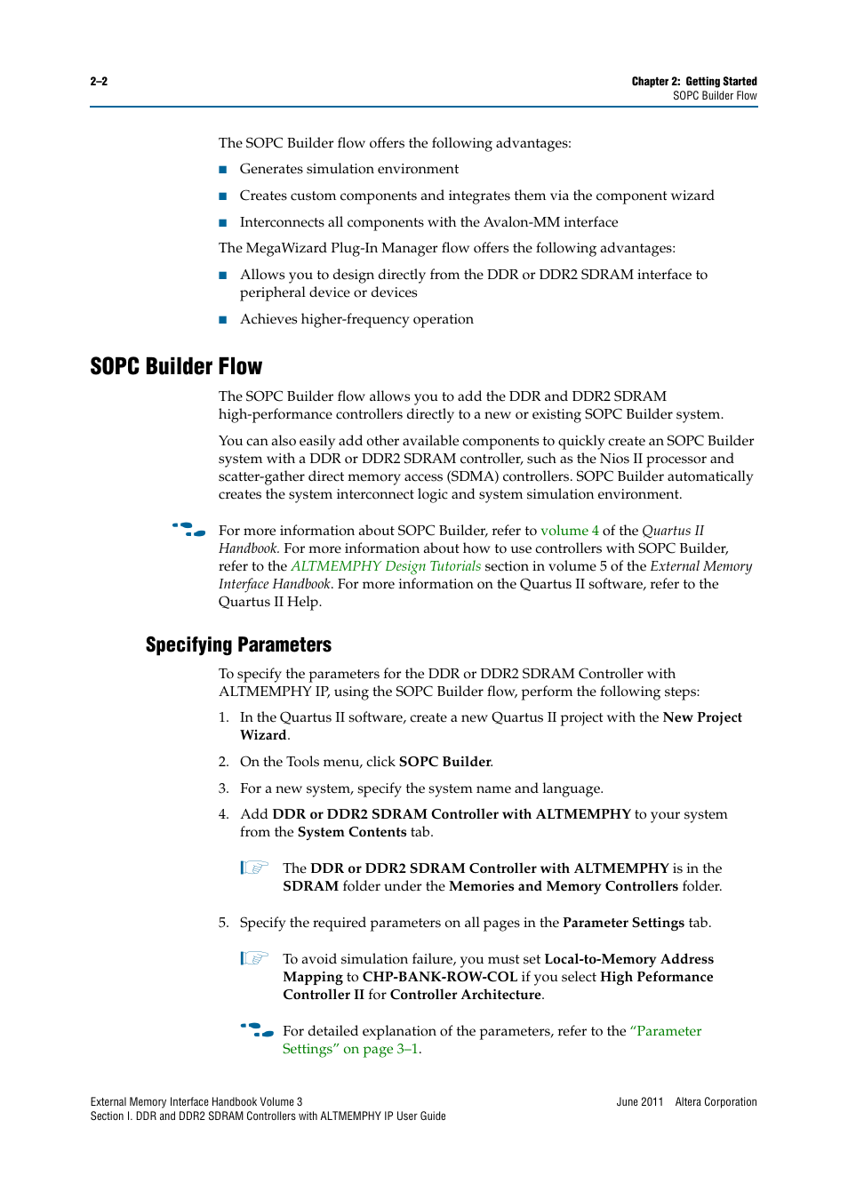 Sopc builder flow, Specifying parameters, Sopc builder flow –2 | Specifying parameters –2 | Altera DDR SDRAM High-Performance Controllers and ALTMEMPHY IP User Manual | Page 16 / 140