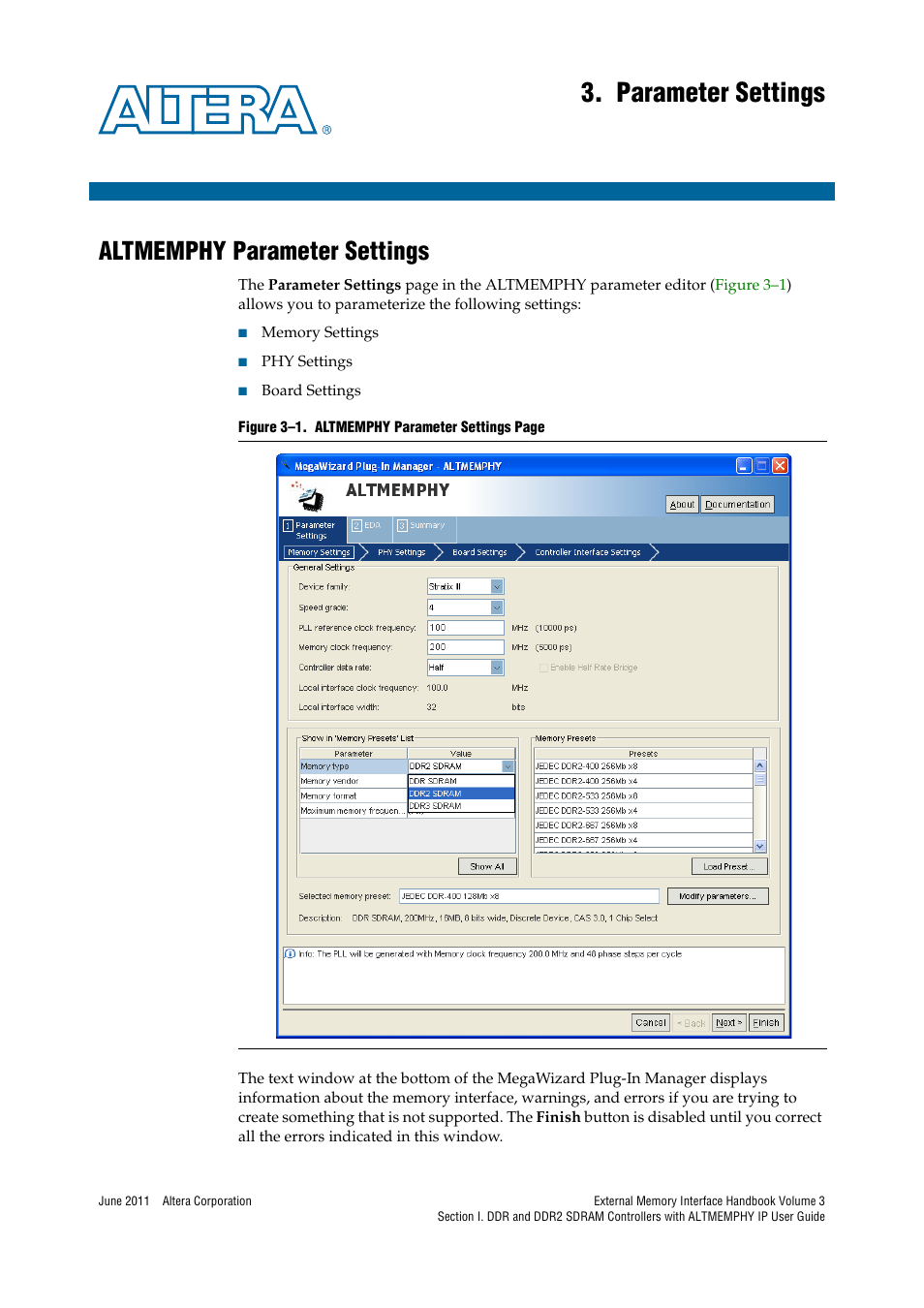Parameter settings, Altmemphy parameter settings, Chapter 3. parameter settings | Altmemphy parameter settings –1, Parameter | Altera DDR SDRAM High-Performance Controllers and ALTMEMPHY IP User Manual | Page 27 / 140