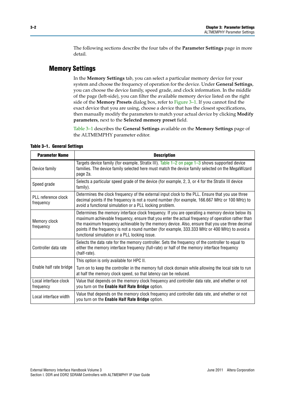 Memory settings, Memory settings –2 | Altera DDR SDRAM High-Performance Controllers and ALTMEMPHY IP User Manual | Page 28 / 140